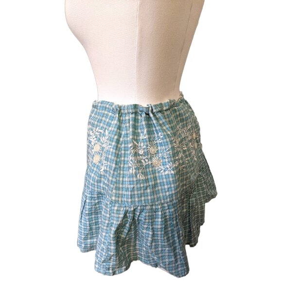 Vintage Y2K Blue Paid Mini Skirt Coquette Embroidered Ribbon Lined Button L - Picture 7 of 9